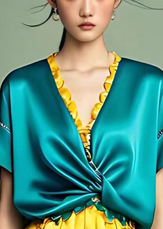 Fashion Peacock Blue Ruffled Patchwork Wrinkled Silk Long Dress Summer