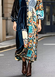 Fashion Peacock Blue V Neck Patchwork Print Silk Velvet Ankle Dress Spring