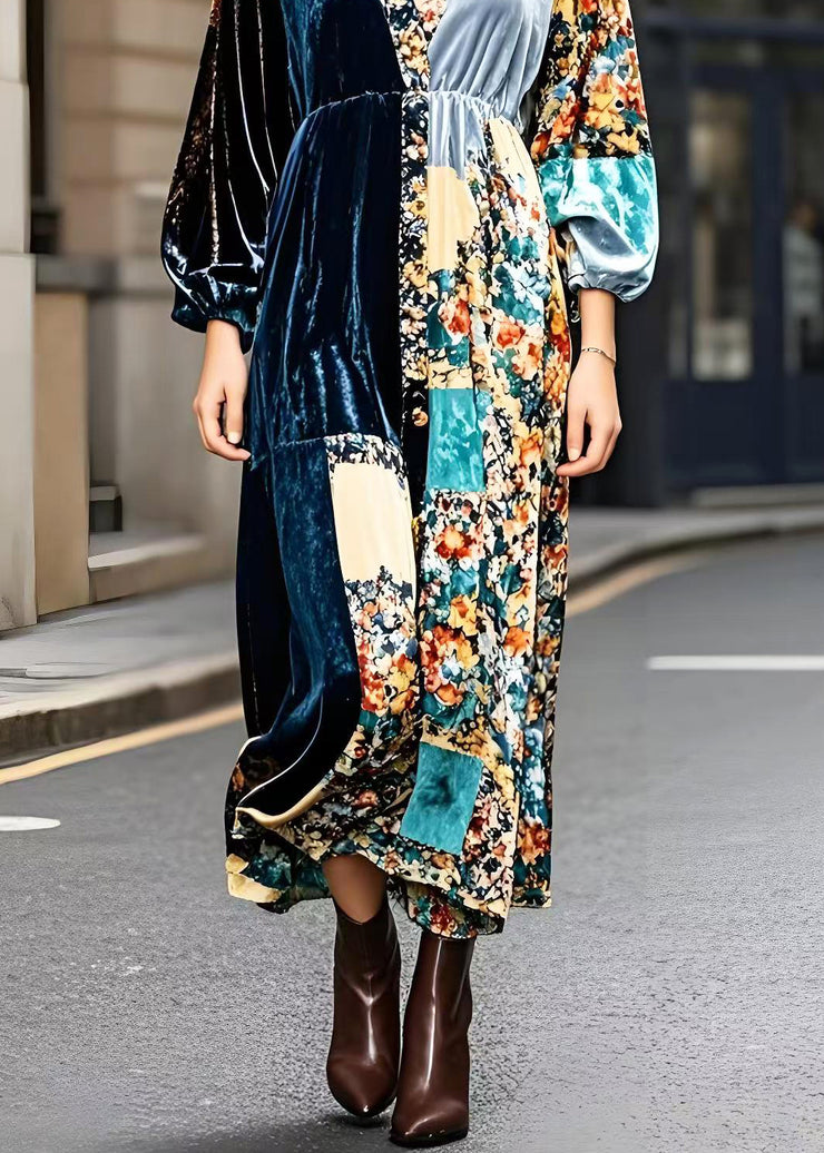 Fashion Peacock Blue V Neck Patchwork Print Silk Velvet Ankle Dress Spring