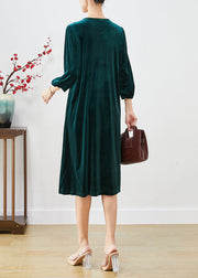 Fashion Peacock Green Oversized Patchwork Silk Velour Holiday Dress Lantern Sleeve