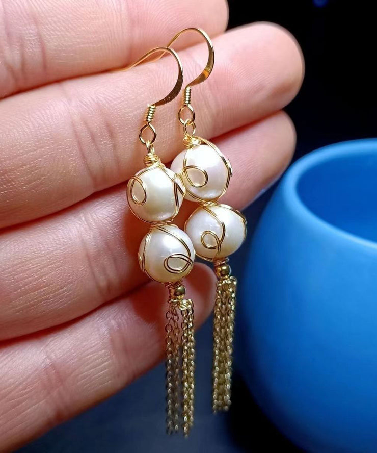 Fashion Pearl Tassel 14K Gold Drop Earrings