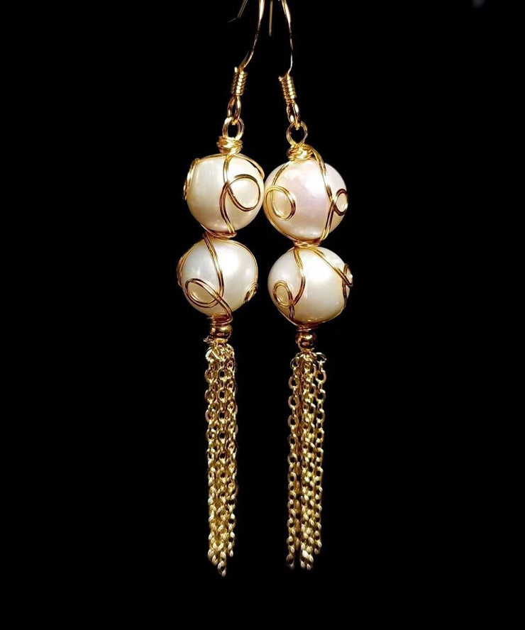 Fashion Pearl Tassel 14K Gold Drop Earrings