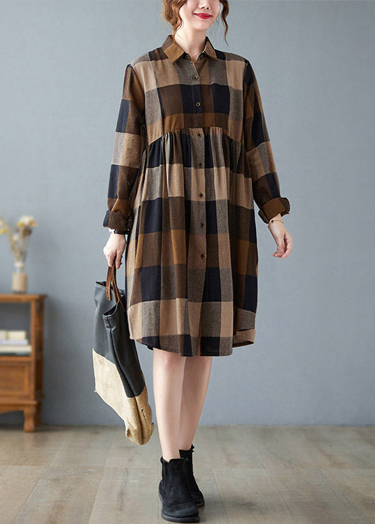 Fashion Peter Pan Collar Button Wrinkled Long Plaid Shirts Dress Long Sleeve