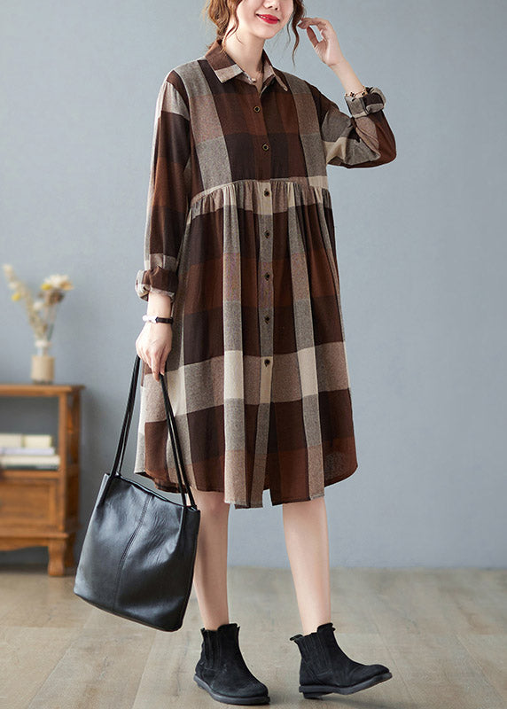 Fashion Peter Pan Collar Button Wrinkled Long Plaid Shirts Dress Long Sleeve