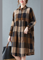 Fashion Peter Pan Collar Button Wrinkled Long Plaid Shirts Dress Long Sleeve