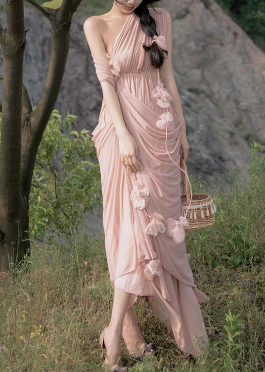 Fashion Pink Asymmetrical Patchwork Floral Elastic Waist Maxi Dress Summer