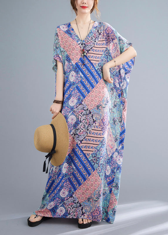 Fashion Pink Blue Print Cotton Beach Long Dresses Summer