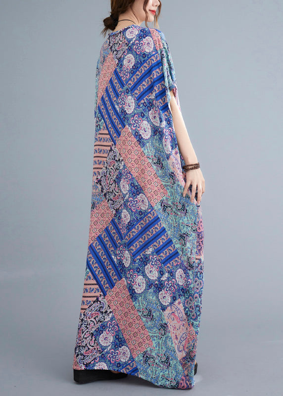 Fashion Pink Blue Print Cotton Beach Long Dresses Summer