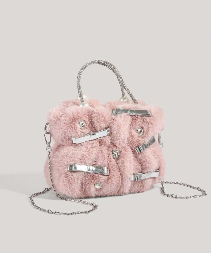 Fashion Pink Bow Zircon Fuzzy Fur Tote Handbag