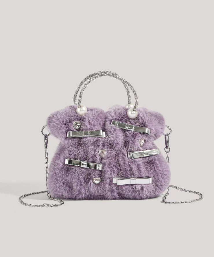 Fashion Pink Bow Zircon Fuzzy Fur Tote Handbag