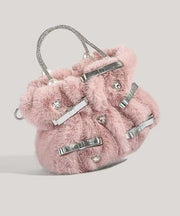 Fashion Pink Bow Zircon Fuzzy Fur Tote Handbag