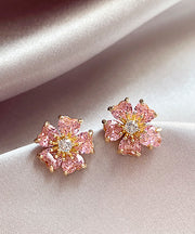 Fashion Pink Copper Alloy Zircon Floral Stud Earrings