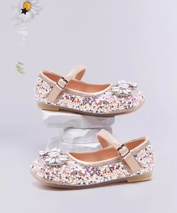 Fashion Pink Crystal Buckle Strap Girls Flat Shoes