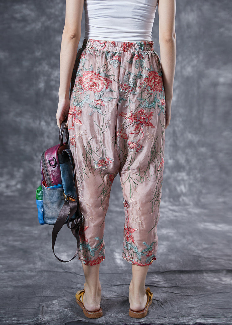 Fashion Pink Elastic Waist Embroideried Silk Harem Pants Summer