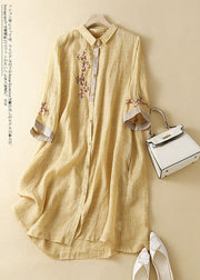 Fashion Pink Embroideried Patchwork Linen Shirt Dress Summer