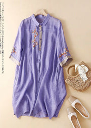 Fashion white flowers Embroidered Patchwork Linen Shirt Dress Summer