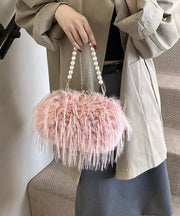 Fashion Pink Feather Tassel Fuzzy Fur Chain Messenger Bag