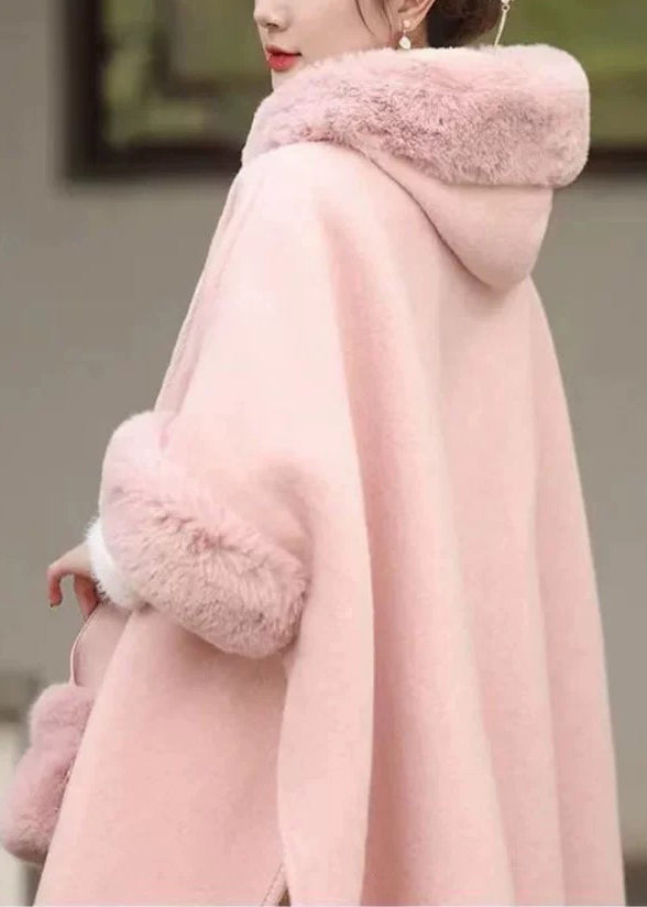 Fashion Pink Fur Collar Tassel Hooded Woolen Coat Spring