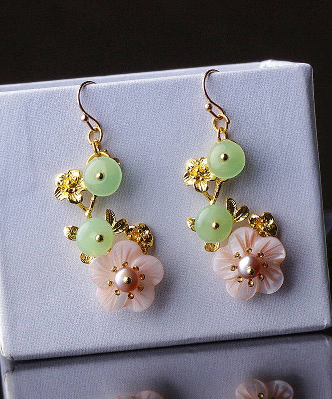 Fashion Pink Green Pearl Shell Flower Chalcedony Drop Earrings