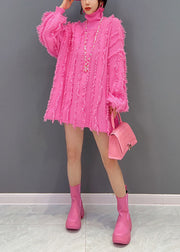 Fashion Pink Hign Neck Tassel Chunky Knit Sweater Winter