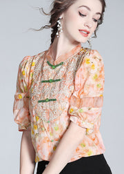 Fashion Pink Lace Embroideried Patchwork Silk Blouse Tops Spring