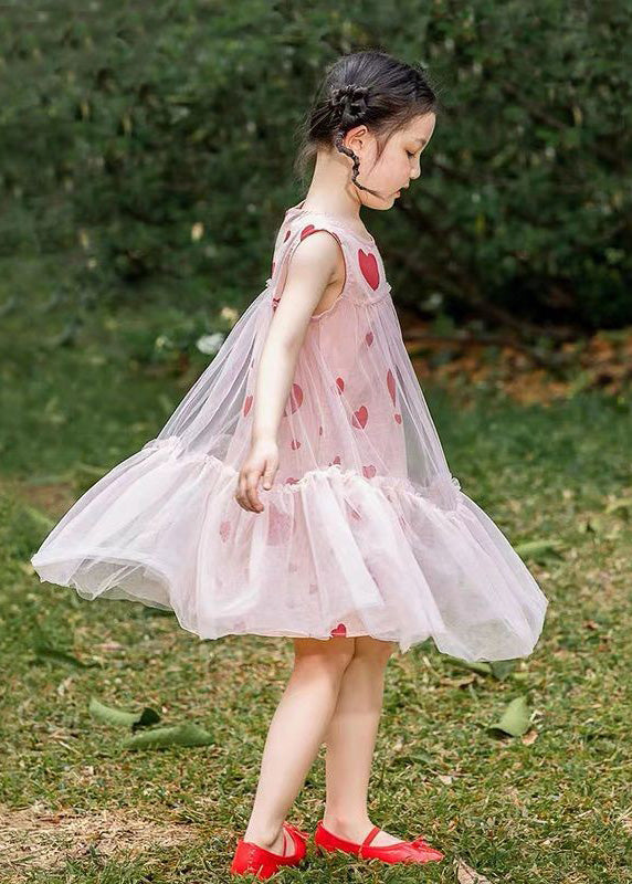 Fashion Pink Love Print Patchwork Wrinkled Tulle Kids Long Dresses Summer