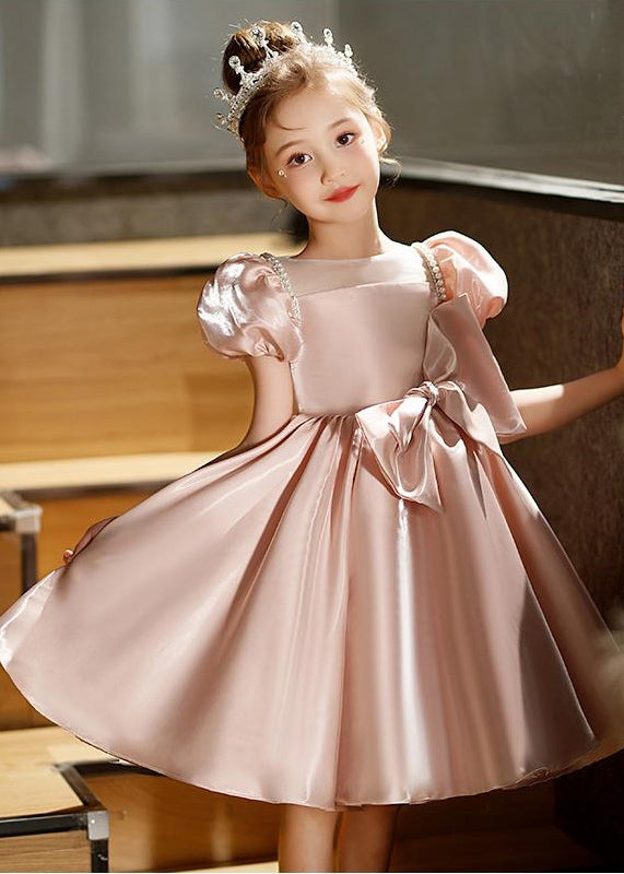 Fashion Pink O-Neck Bow Girls Silk Mid Dresses Puff Sleeve