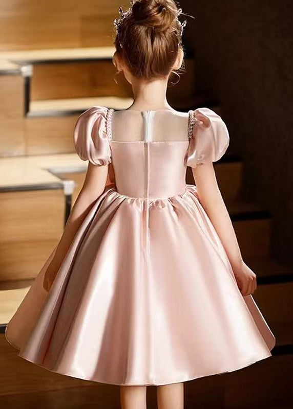 Fashion Pink O-Neck Bow Girls Silk Mid Dresses Puff Sleeve