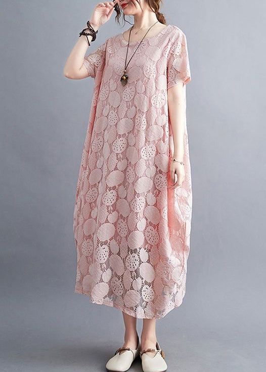 Fashion Pink O-Neck Embroideried Lace Dress Summer