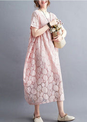 Fashion Pink O-Neck Embroideried Lace Dress Summer