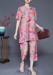 Fashion Pink O-Neck Print Linen Silk 2 Piece Outfit Summer