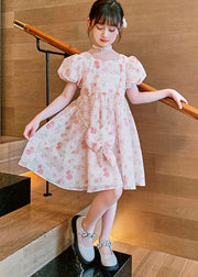 Fashion Pink O Neck Print Patchwork Chiffon Kids Girls Princess Dress Summer