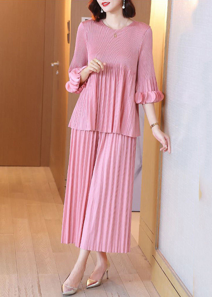 Fashion Pink O-Neck Wrinkled Two Piece Set Outfits Flare Sleeve