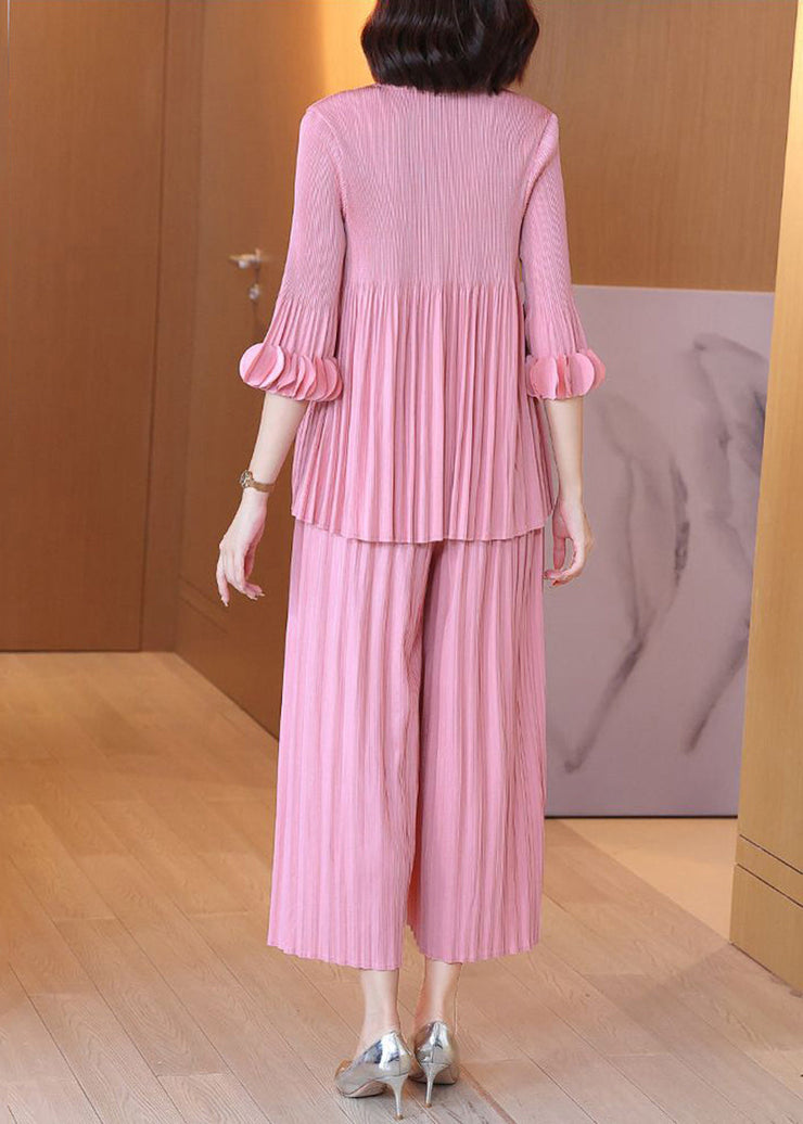 Fashion Pink O-Neck Wrinkled Two Piece Set Outfits Flare Sleeve