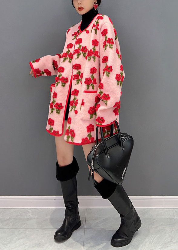 Fashion Pink Oversized Floral Jacquard Fluffy Coats Spring