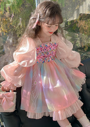 Fashion Pink Pearl Sequins Patchwork Girls Silk Maxi Dress Puff Sleeve