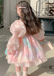 Fashion Pink Pearl Sequins Patchwork Girls Silk Maxi Dress Puff Sleeve