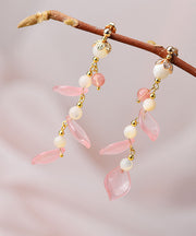 Fashion Pink Petal Crystal 14K Gold Drop Earrings