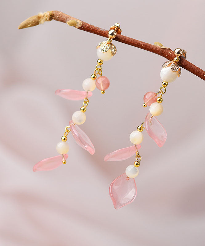 Fashion Pink Petal Crystal 14K Gold Drop Earrings