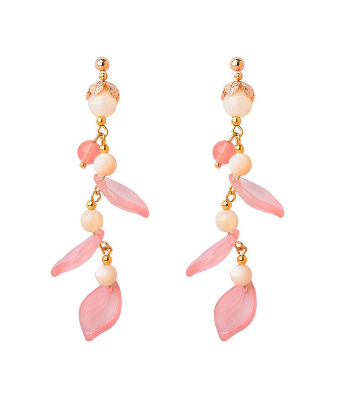 Fashion Pink Petal Crystal 14K Gold Drop Earrings