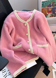 Fashion Pink Pockets Button Mink Hair Knitted Coat Spring