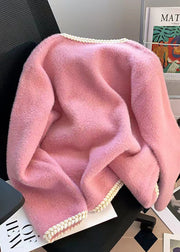 Fashion Pink Pockets Button Mink Hair Knitted Coat Spring