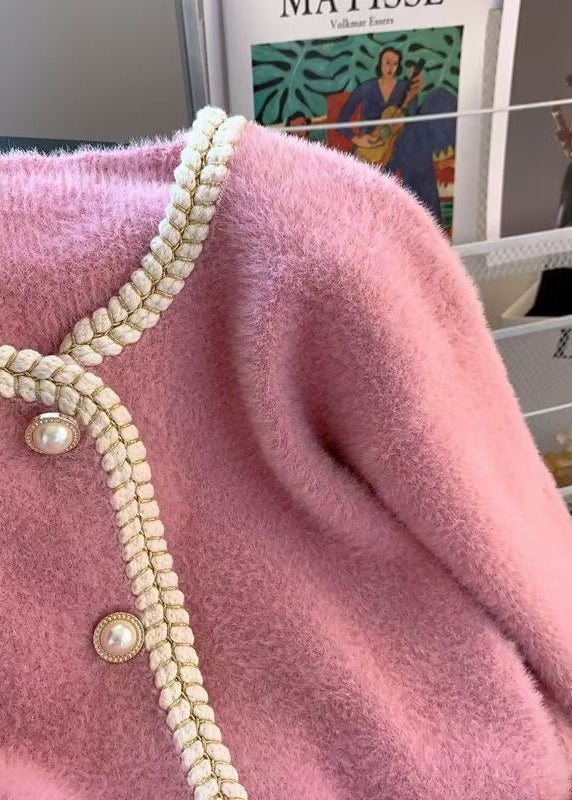 Fashion Pink Pockets Button Mink Hair Knitted Coat Spring