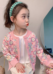 Fashion Pink Print Button Cotton Knit Kids Cardigan Spring