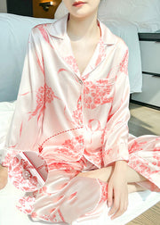 Fashion Pink Print Silk Shirts And Straight Pants Two Pieces Set Long Sleeve