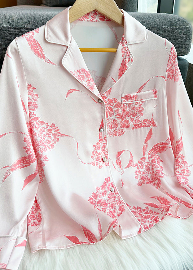 Fashion Pink Print Silk Shirts And Straight Pants Two Pieces Set Long Sleeve