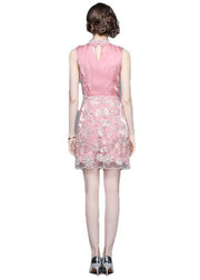 Fashion Pink Ruffled Embroidery Sequins Patchwork Silk Two Pieces Set Sleeveless