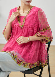 Fashion Pink Ruffled Lace A Line Shirt Tops Summer