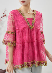Fashion Pink Ruffled Lace A Line Shirt Tops Summer