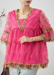 Fashion Pink Ruffled Lace A Line Shirt Tops Summer